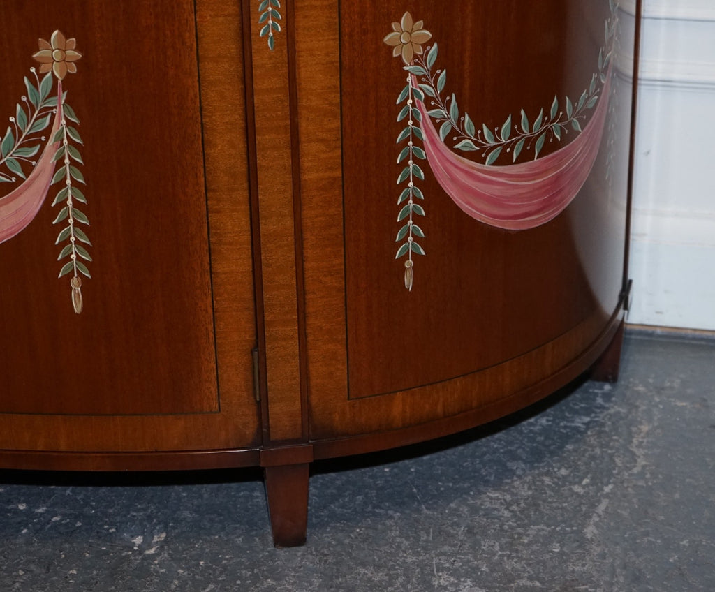 FINE SUBSTANTIAL PAIR OF HAND PAINTED DEMI LUNE SHERATON STYLE CONSOLE CABINETS