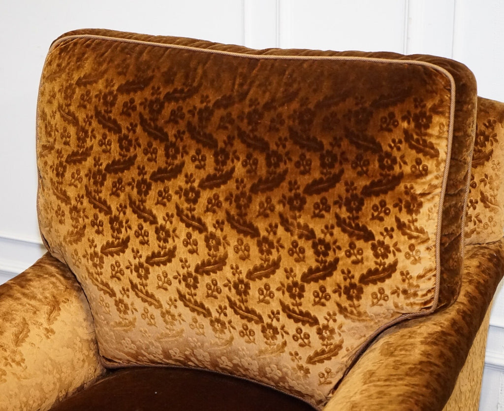 VINTAGE PAIR CUSTOM MADE BROWN GOLD VELVET CONNAUGHT ARMCHAIRS BY DUDGEON LONDON