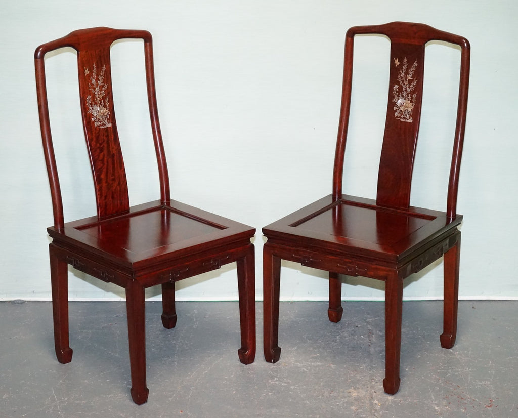 PAIR OF ORIENTAL CHINESE HARDWOOD MOTHER OF PEARL INLAID HALL CHAIRS