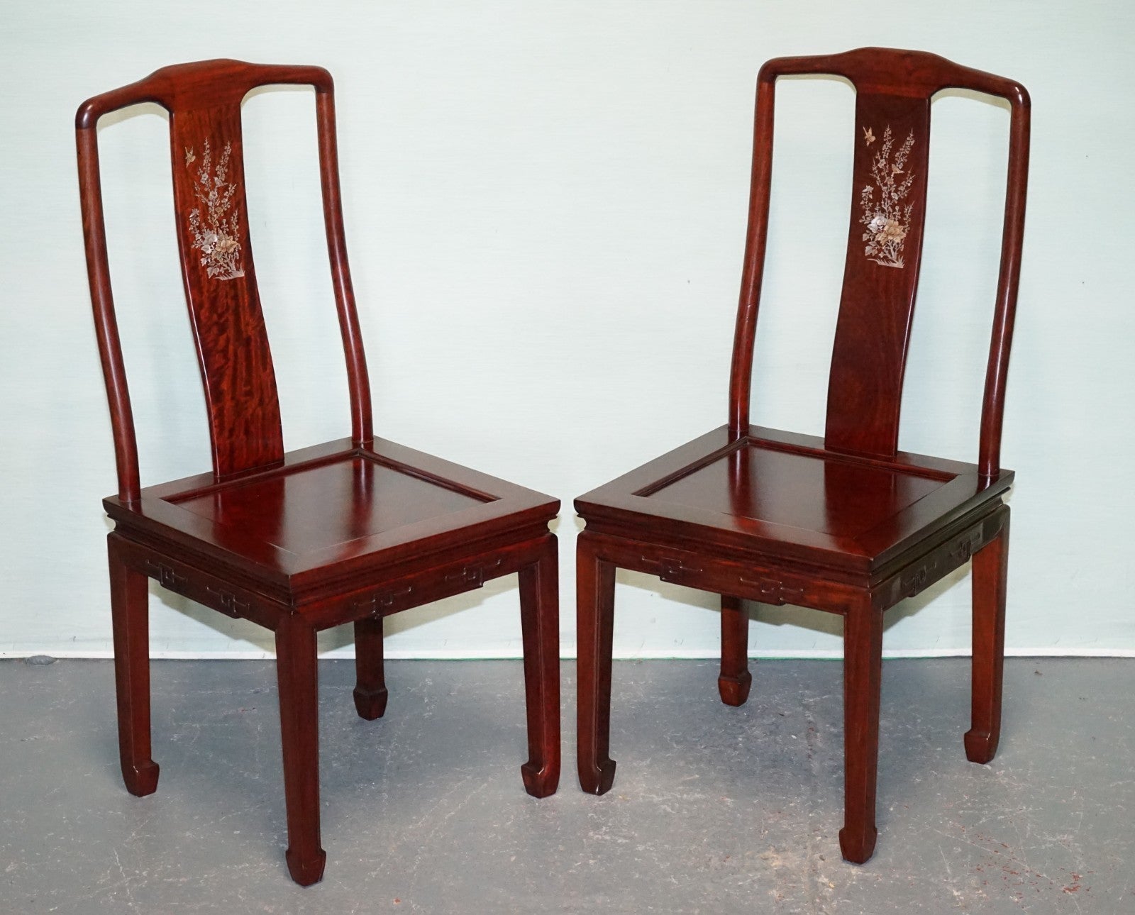PAIR OF ORIENTAL CHINESE HARDWOOD MOTHER OF PEARL INLAID HALL CHAIRS