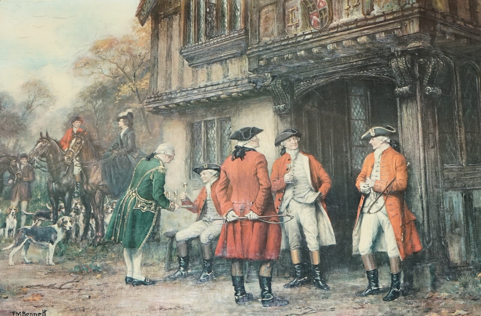 OIL PAINTING IN MANNER OF F.M.  BENNETT ''MEET AT THE LODGE' GILT STYLE FRAME