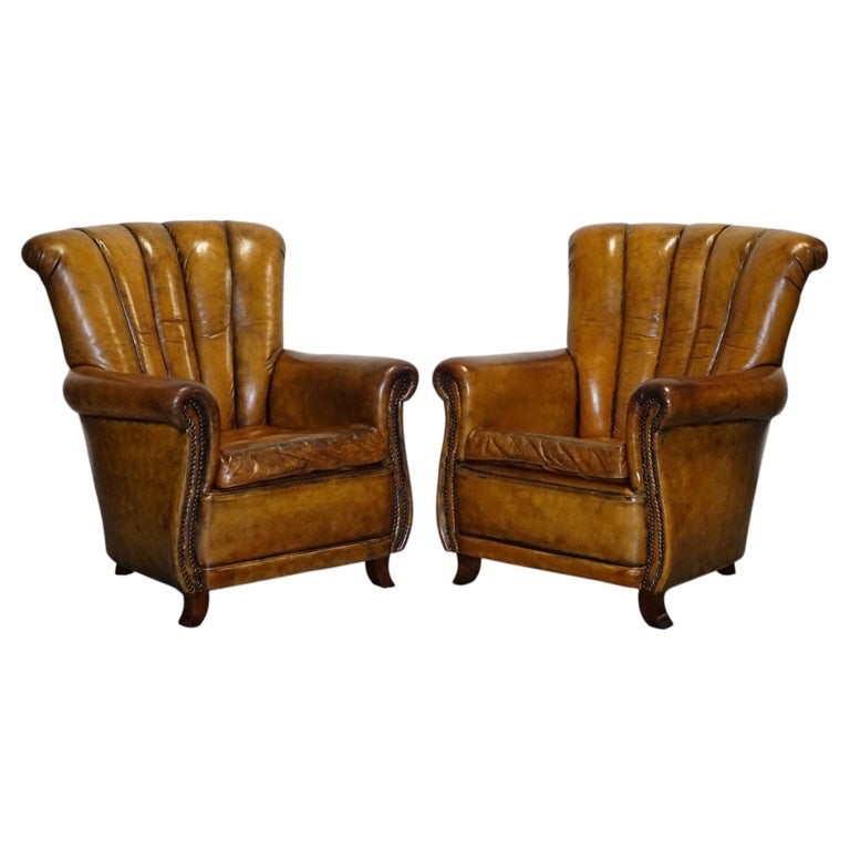 VINTAGE PAIR OF ART DECO STYLE HAND DYED LEATHER SHELL ARM CHAIRS