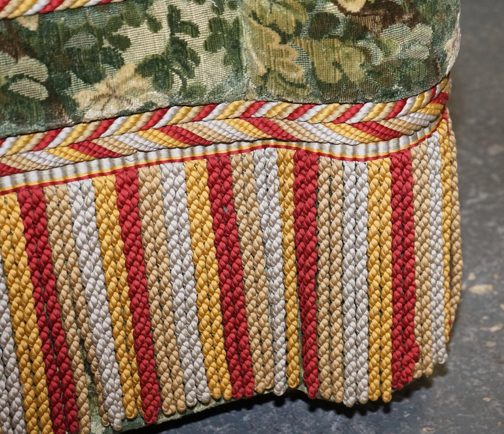 VINTAGE GREAT HARDWICKE TAPESTRY FABRIC OTTOMAN WITH TASSELS AND FRINGE