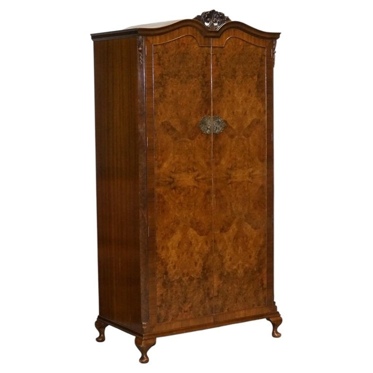 ART DECO 1920'S QUEEN ANNE ENGLiSH  BURR WALNUT TWO DOOR WARDROBE