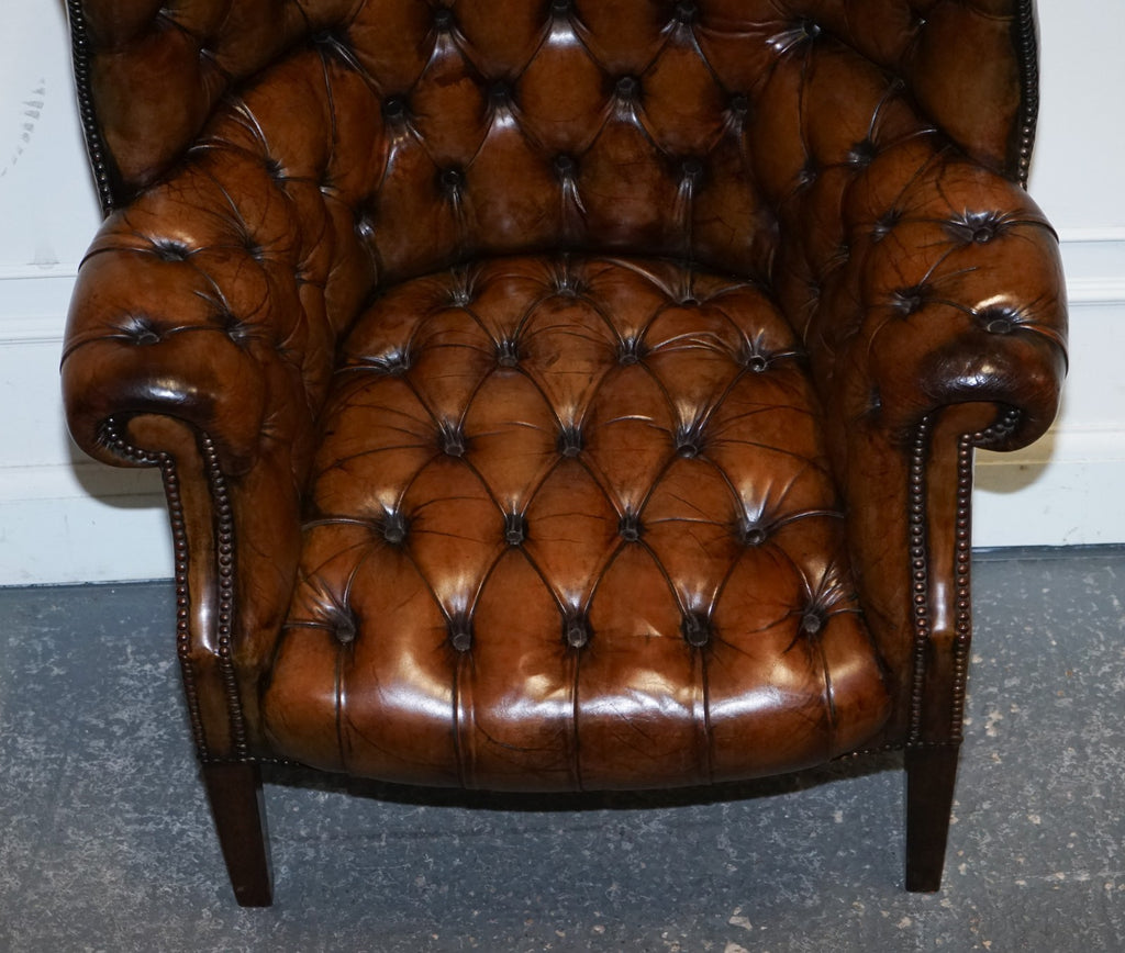 RESTORED CHESTERFIELD HAND DYED LEATHER PORTERS WINGBACK ARMCHAIR