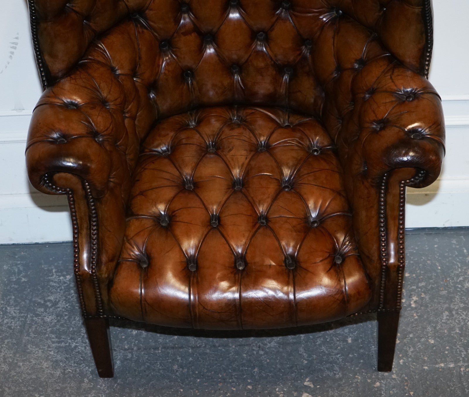 RESTORED CHESTERFIELD HAND DYED LEATHER PORTERS WINGBACK ARMCHAIR