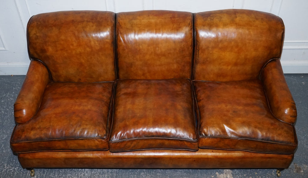 RESTORED HAND DYED LEATHER THREE SEATER SOFA HOWARD & SONS STYLE FEATHER FILLED