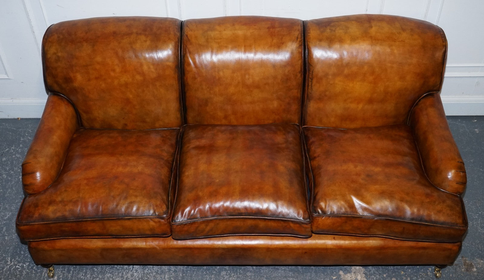 RESTORED HAND DYED LEATHER THREE SEATER SOFA HOWARD & SONS STYLE FEATHER FILLED