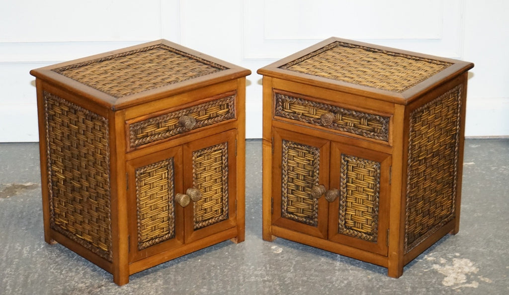VINTAGE PAIR OF WICKER OR RATTAN NIGHTSTANDS BEDSIDE TABLES CUPBOARD & DRAWER