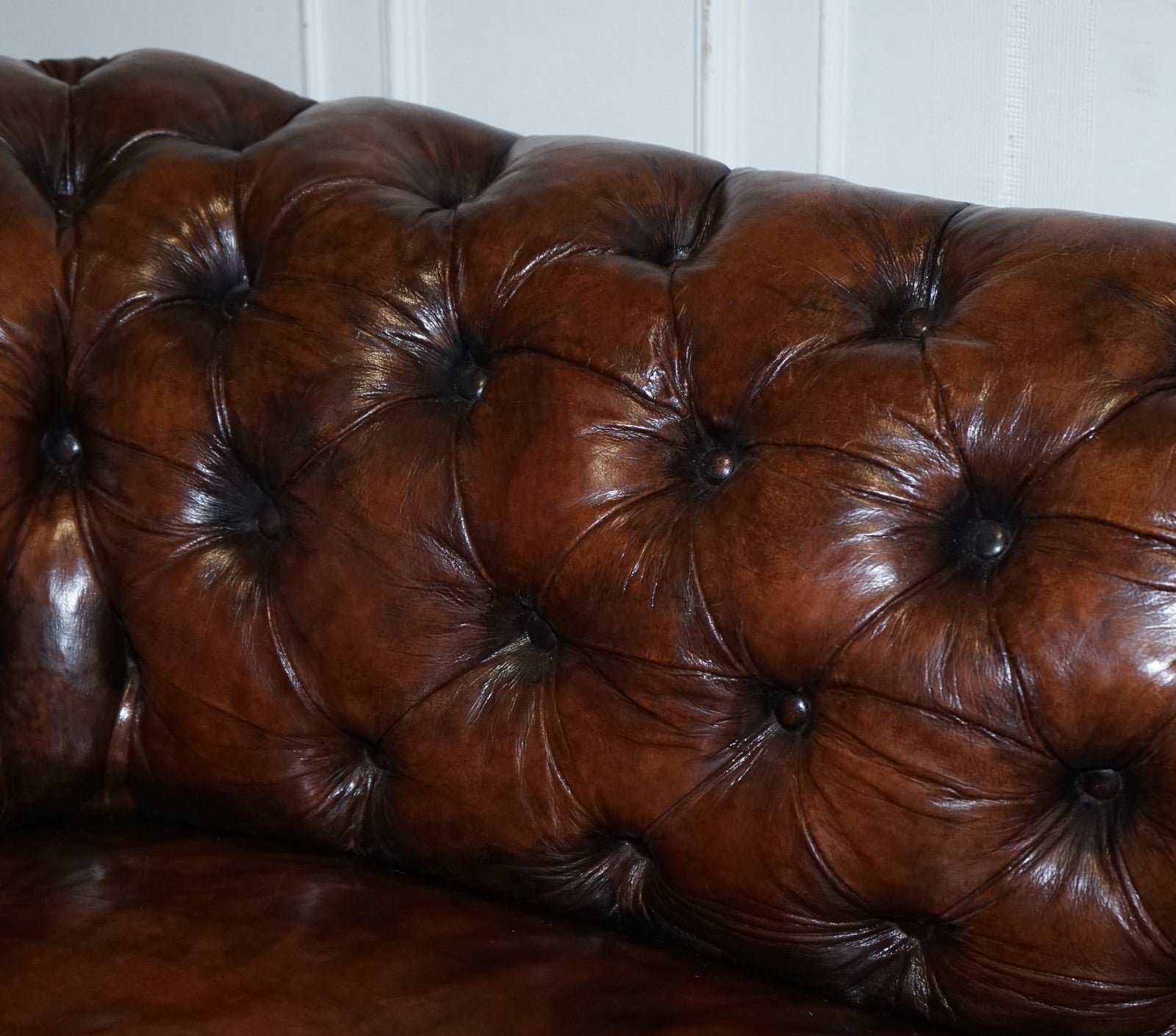ANTIQUE SWEDISH CHESTERFIELD HAND DYED LEATHER FULLY COIL SPRUNG THREE SEAT SOFA
