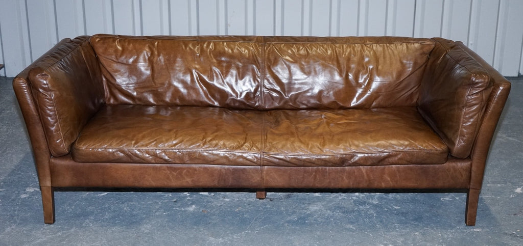 LARGE COMFORTABLE HALO GROUCHO BROWN LEATHER THREE SEATER SOFA