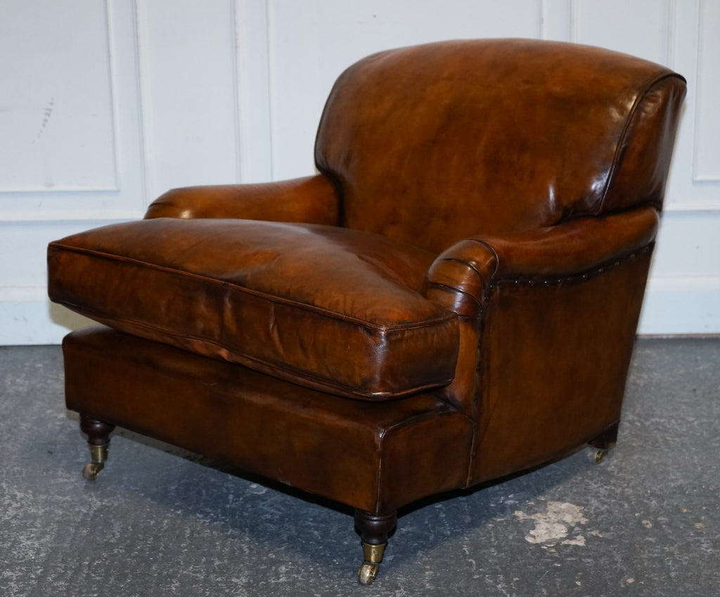 LARGE PAIR HOWARD STYLE HAND DYED LEATHER ARMCHAIRS FEATHER FILLED CUSHIONS
