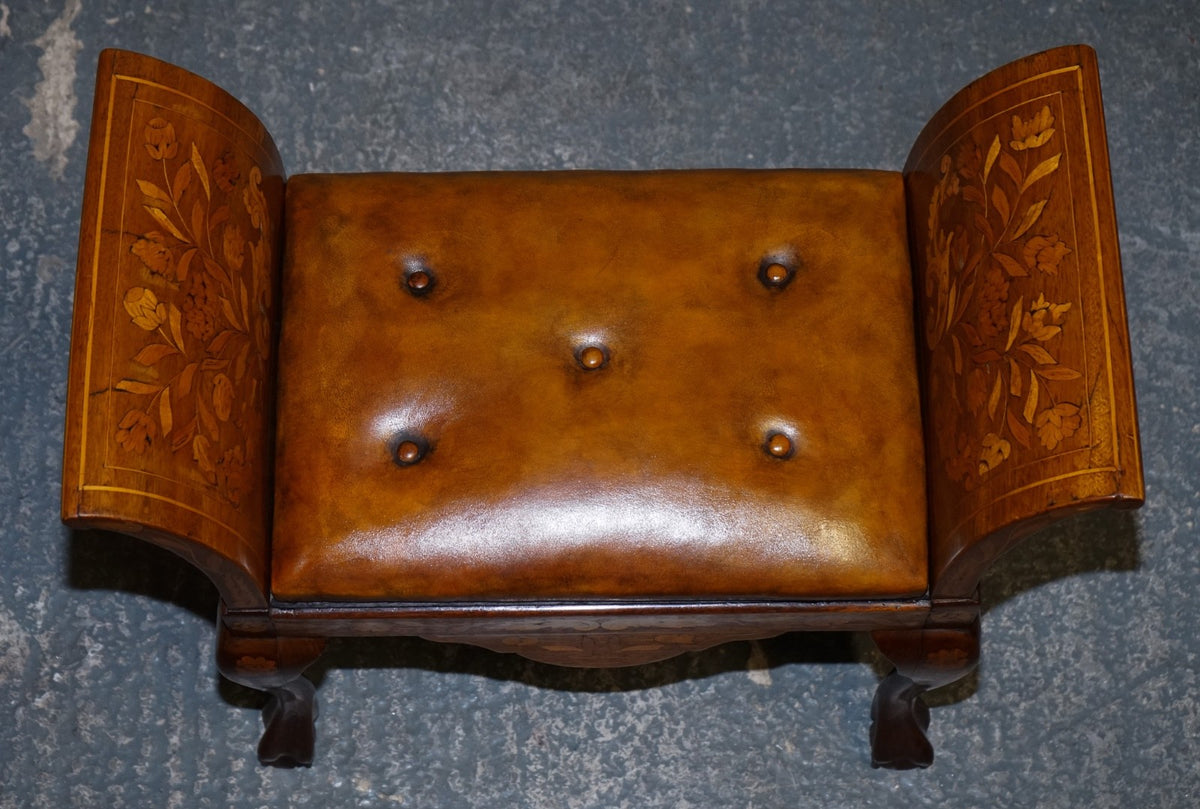 ANTIQUE 1860 DUTCH MARQUETRY WINDOW PIANO STOOL WITH HAND DYED CHESTERFIELD SEAT