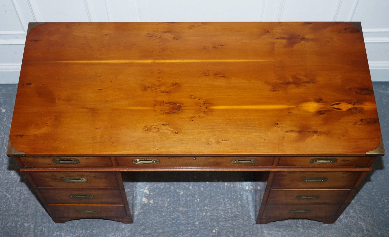 VINTAGE MILITARY CAMPAIGN YEW WOOD TWIN PEDESTAL DESK