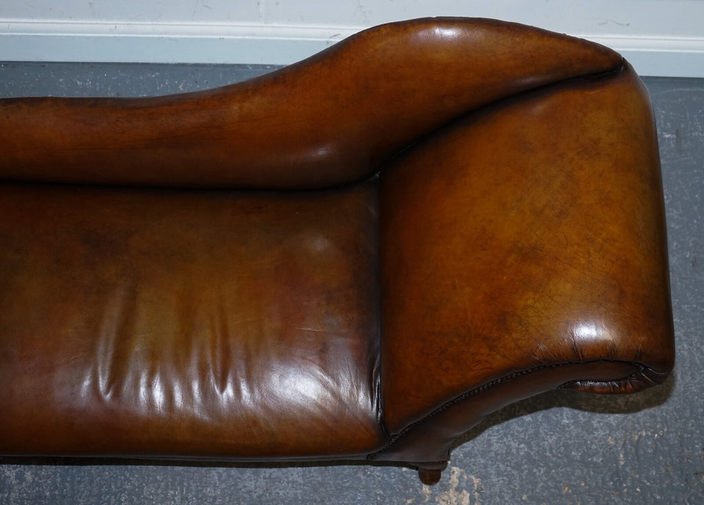 ANTIQUE RESTORED VICTORIAN BROWN LEATHER HAND DYED CHAISE LOUNGE SETTEE
