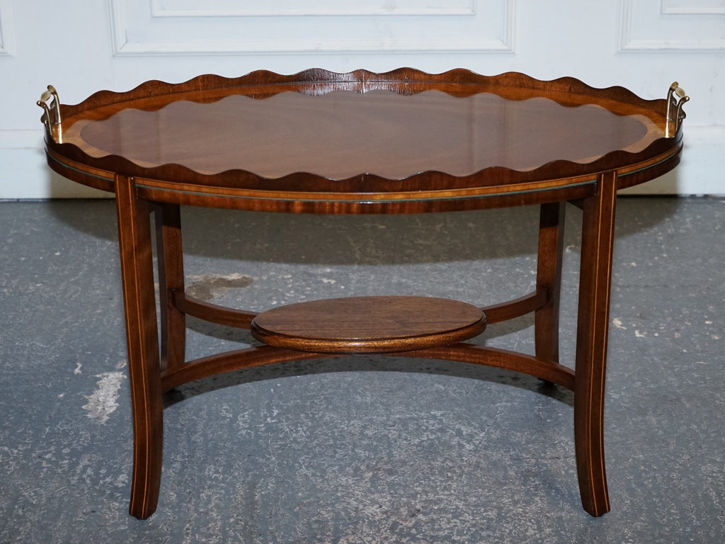 ANTIQUE RESTORED GEORGE III OVL SERVING TRAY AND TABLE WITH  SCALLOPED GALLERY