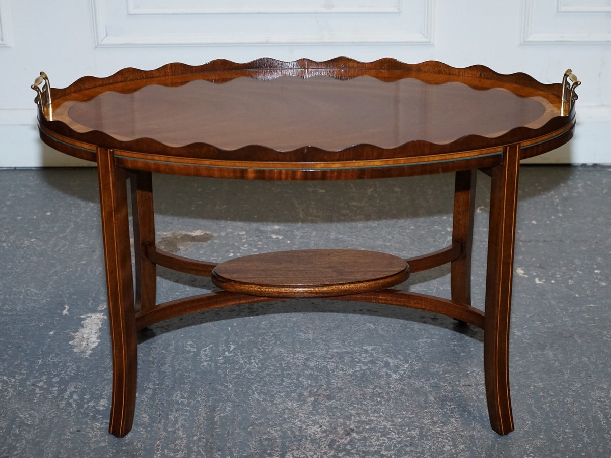 ANTIQUE RESTORED GEORGE III OVL SERVING TRAY AND TABLE WITH  SCALLOPED GALLERY