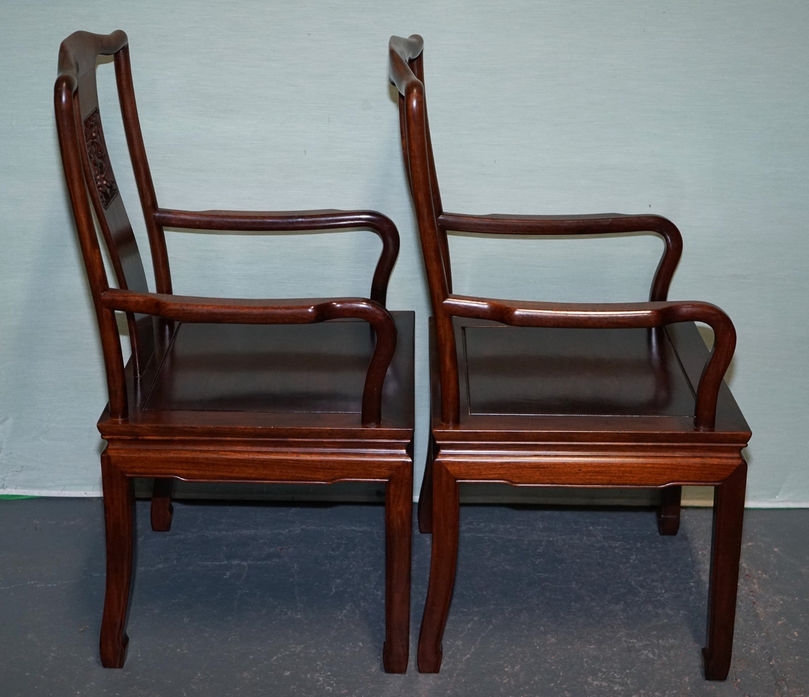 SET OF TEN VINTAGE ORIENTAL CHINESE HARDWOOD CARVER DINING ARMCHAIRS W/ CUSHIONS