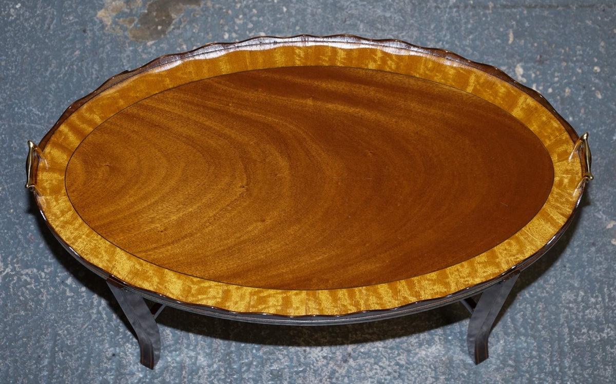 ANTIQUE RESTORED GEORGE III OVL SERVING TRAY AND TABLE WITH  SCALLOPED GALLERY