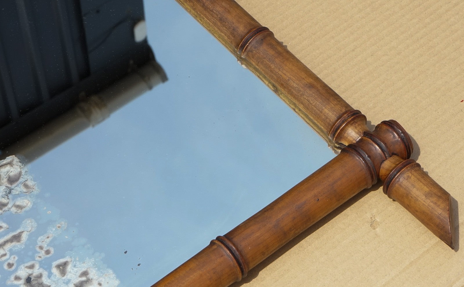 LARGE FRENCH ANTIQUE DECORATIVE FAUX BAMBOO WALL MiRROR WITH HEAVILY FOXED GLASS