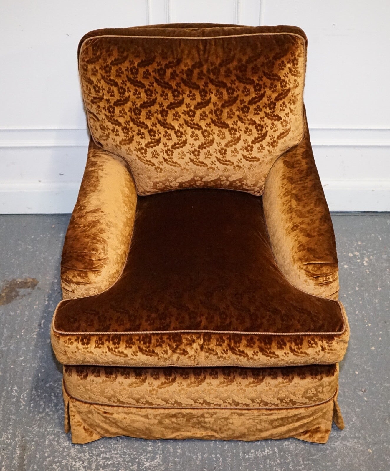 VINTAGE PAIR CUSTOM MADE BROWN GOLD VELVET CONNAUGHT ARMCHAIRS BY DUDGEON LONDON