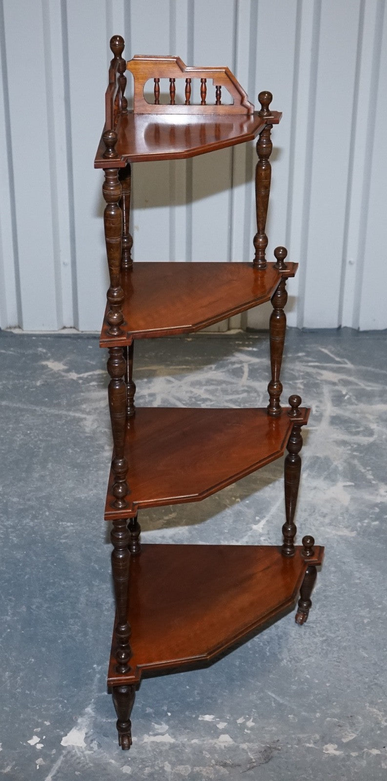 VICTORIAN ENGLISH INLAID BURR WALNUT CORNER WHATNOT STAND