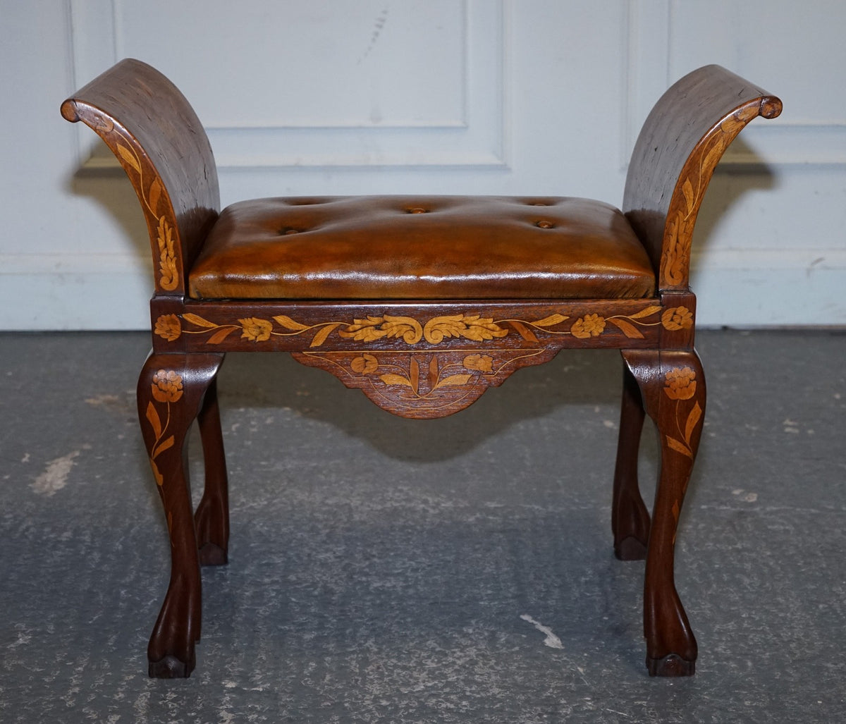 ANTIQUE 1860 DUTCH MARQUETRY WINDOW PIANO STOOL WITH HAND DYED CHESTERFIELD SEAT