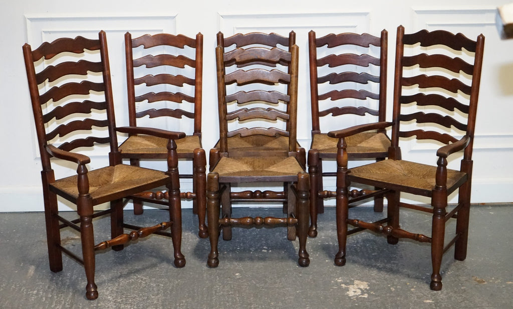 SET OF SIX ENGLISH ANTIQUE CIRCA 1910 LADDERBACK RUSH SEAT DINING CHAIRS