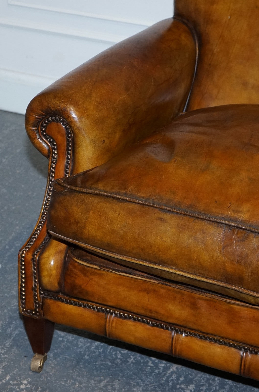 ENGLISH RESTORED HAND DYED LEATHER TWO TO THREE SEATER SOFA