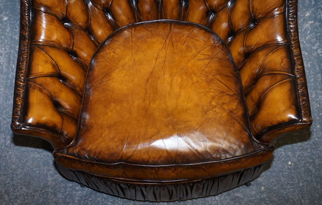 RARE PAIR OF BROWN HAND DYED LEATHER CHESTERFIELD ARMCHAIRS WITH PLEATED FRONT