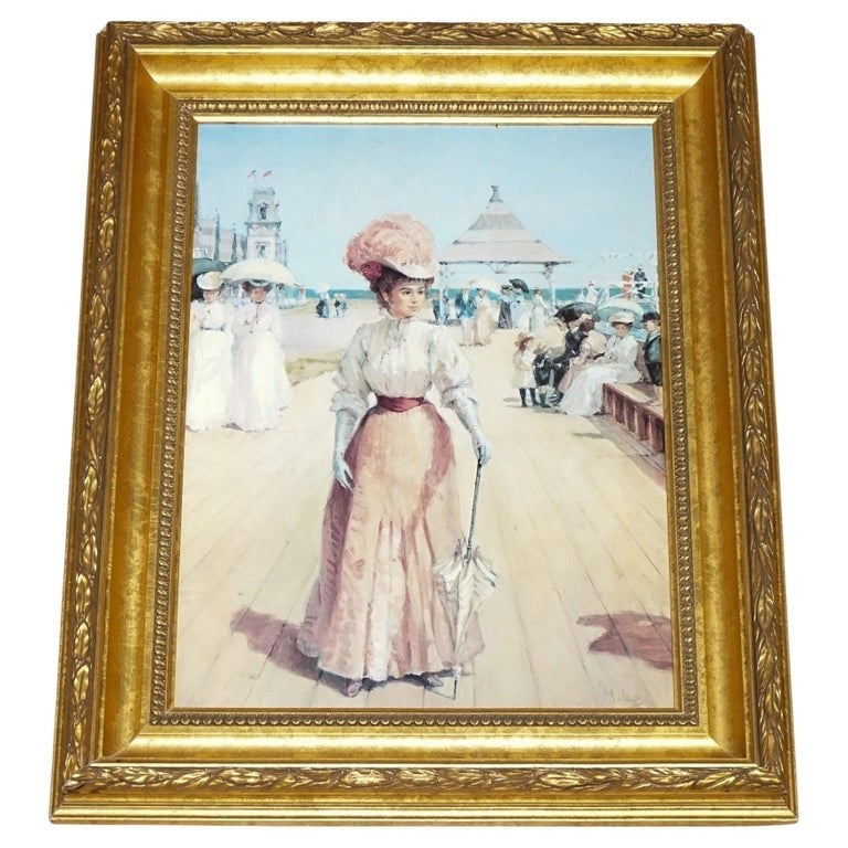 VINTAGE PAINTING VICTORIAN STYLE LADY ON PIER PRINT BY ALAN MALEY 80 X 64 CM