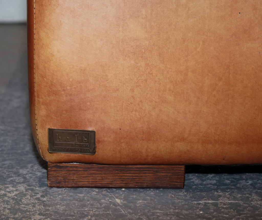 VINTAGE LARGE TAN LEATHER FOOTSTOOL OTTOMAN MADE BY HALO