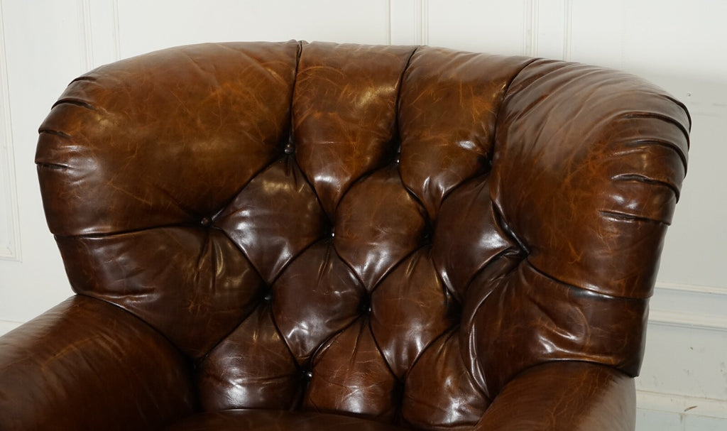 FULLY RESTORED HAND DYED LEATHER WRITERS READING ARMCHAIR WITH FOOTSTOOL