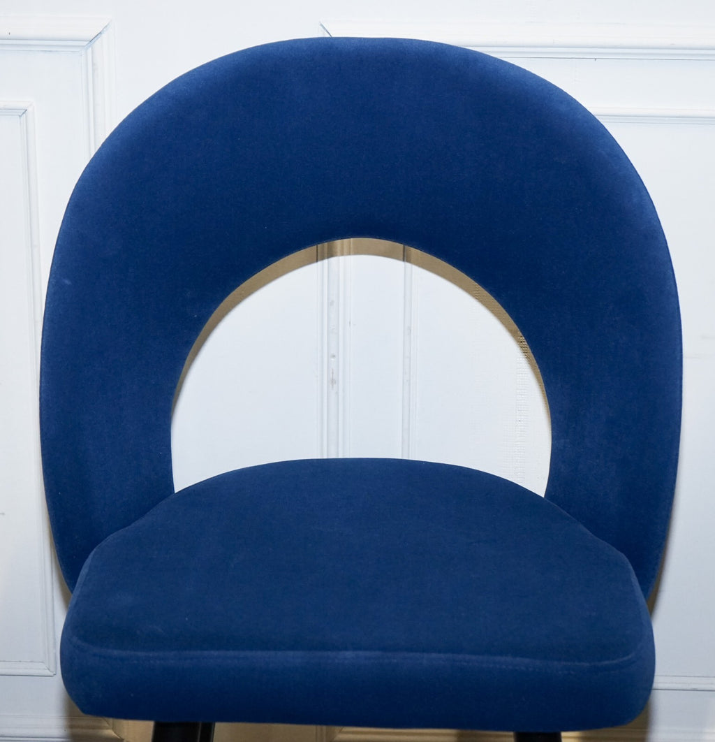 BEAUTIFUL PAIR OF BLUE VELVET BAR CHAIRS WITH GOLD DETAIL ON THE FRAME