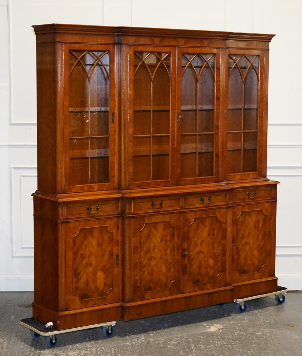 STUNNING GEORGIAN STYLE  BURR YEW BREAKFRONT FOUR DOOR DISPLAY CABINET BOOKCASE