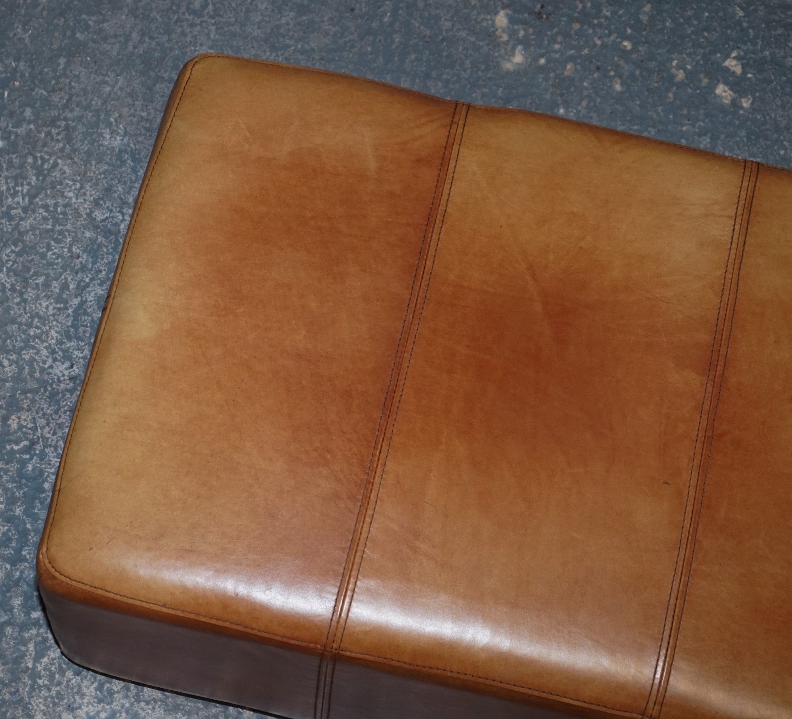 VINTAGE LARGE TAN LEATHER FOOTSTOOL OTTOMAN MADE BY HALO