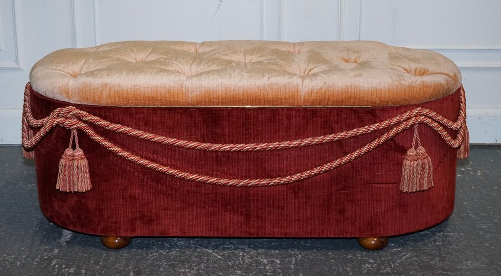 ANTIQUE VICTORIAN FABRIC OTTOMAN BLANKET BED END STORAGE BOX WITH TASSEL ACCENTS