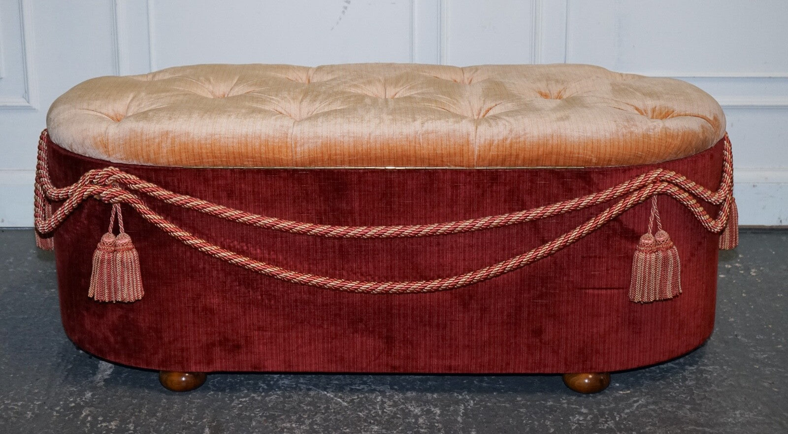 ANTIQUE VICTORIAN FABRIC OTTOMAN BLANKET BED END STORAGE BOX WITH TASSEL ACCENTS