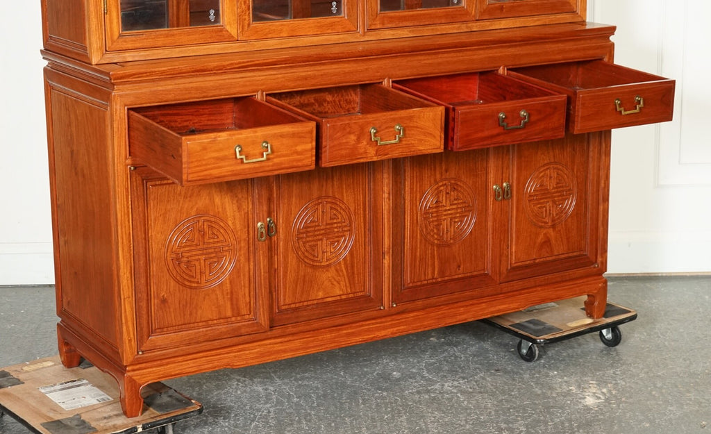 LARGE VINTAGE ORIENTAL CHINESE CARVED SOLID HARDWOOD BOOKCASE DISPLAY CABINET