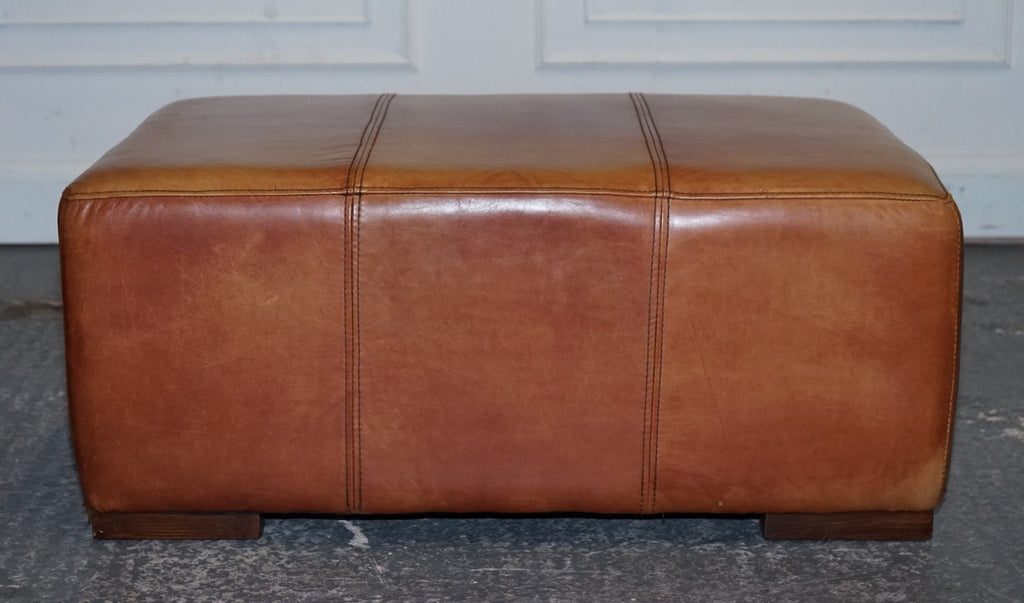 VINTAGE LARGE TAN LEATHER FOOTSTOOL OTTOMAN MADE BY HALO