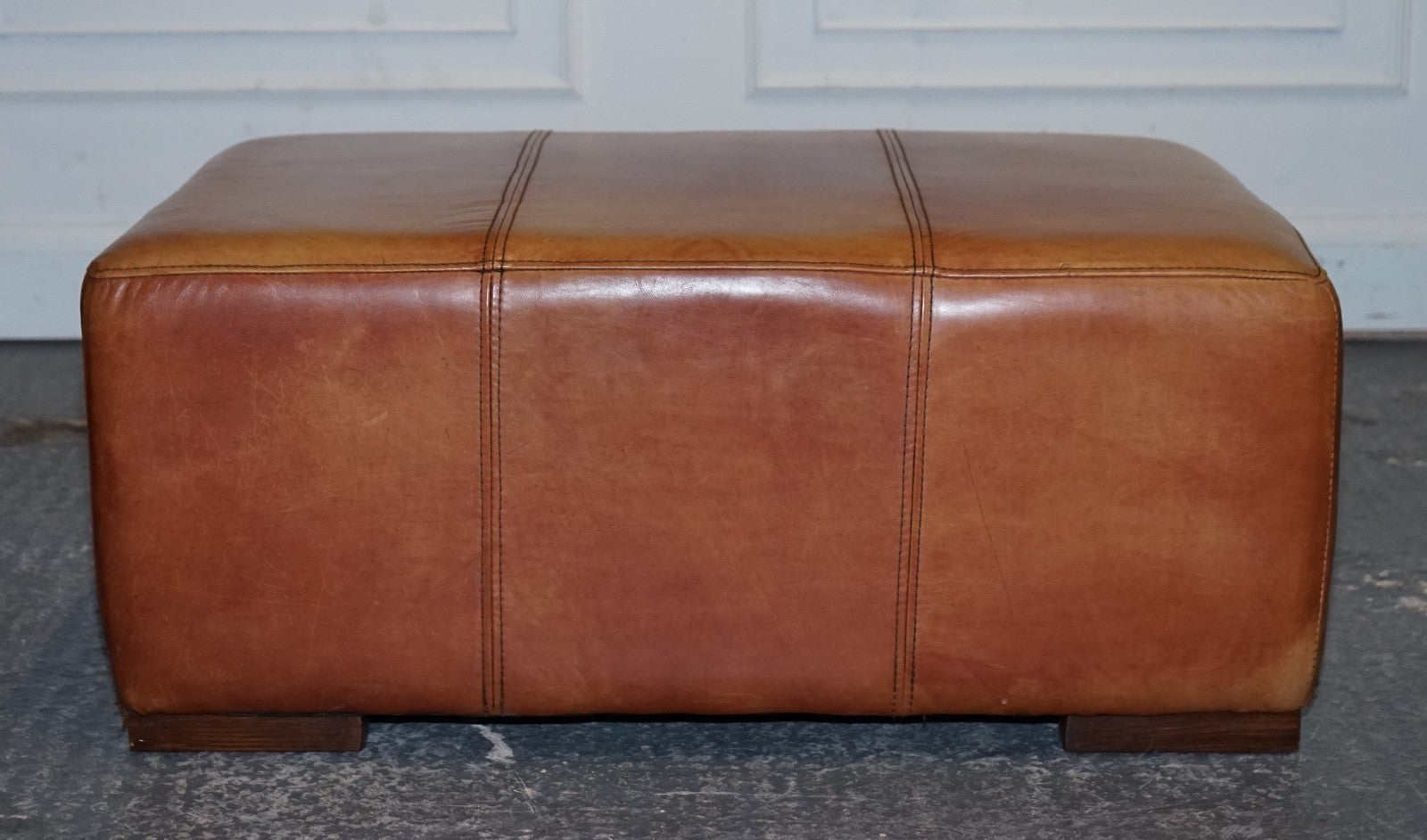 VINTAGE LARGE TAN LEATHER FOOTSTOOL OTTOMAN MADE BY HALO