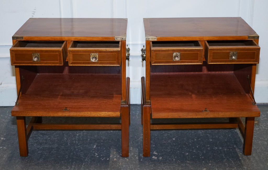 A PAIR OF YEW WOOD & BRASS ENGLISH MILITARY CAMPAIGN END CABINETS NIGHTSTANDS