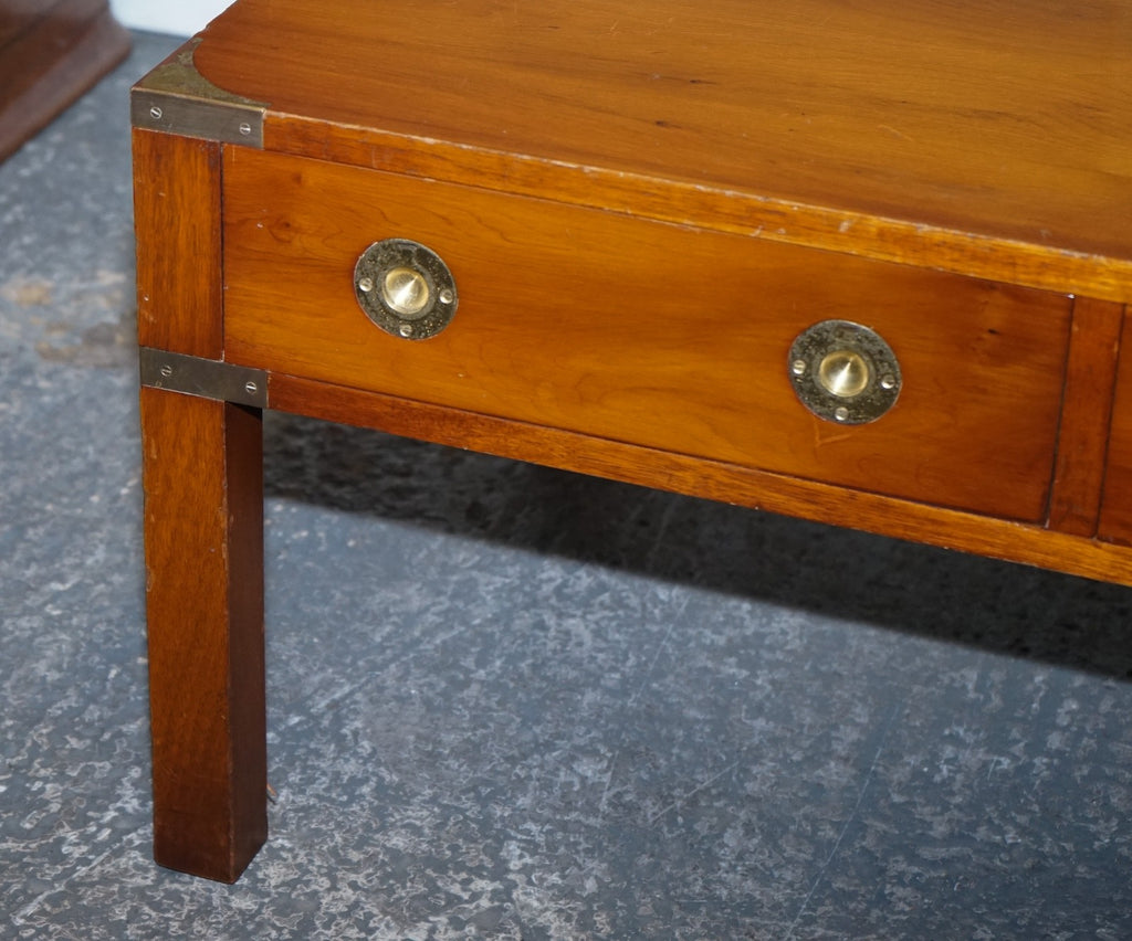 VINTAGE BURR YEW WOOD BRASS MILITARY CAMPAIGN 3 DRAWER COFFEE TABLE