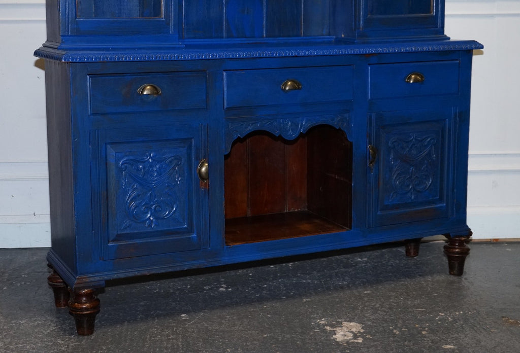 ANTIQUE VICTORIAN VIBRANT BLUE HAND PAINTED KITCHEN CUPBOARD CABINET
