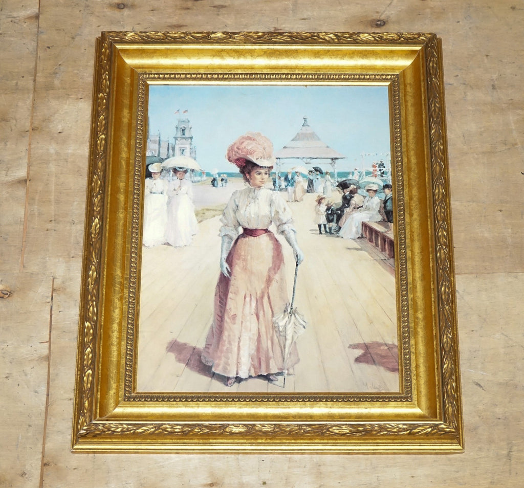 VINTAGE PAINTING VICTORIAN STYLE LADY ON PIER PRINT BY ALAN MALEY 80 X 64 CM