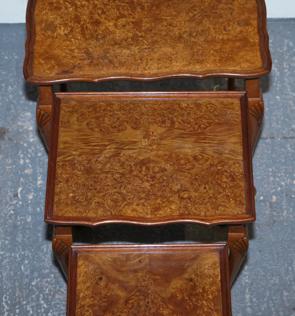 1920 ART DECO BURR WALNUT NEST OF THREE TABLES QUEEN ANNE LEGS