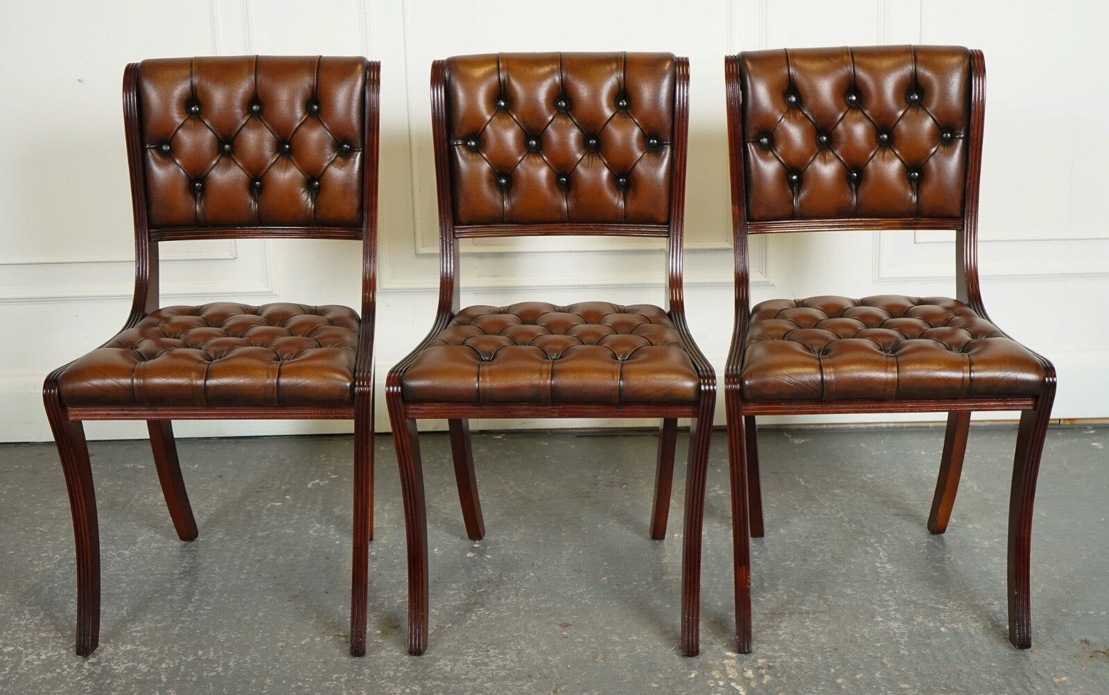 SET OF 6 RESTORED CHESTERFIELD LEATHER DINING CHAIRS J1