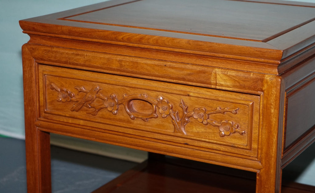 ORIENTAL CHINESE VINTAGE TEAK NIGHTSTAND BEDSIDE TABLE WITH DRAWER