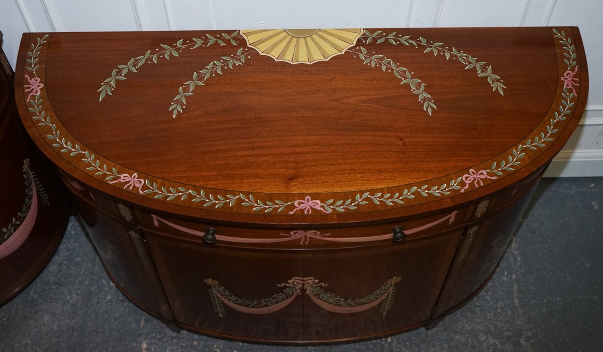 FINE SUBSTANTIAL PAIR OF HAND PAINTED DEMI LUNE SHERATON STYLE CONSOLE CABINETS