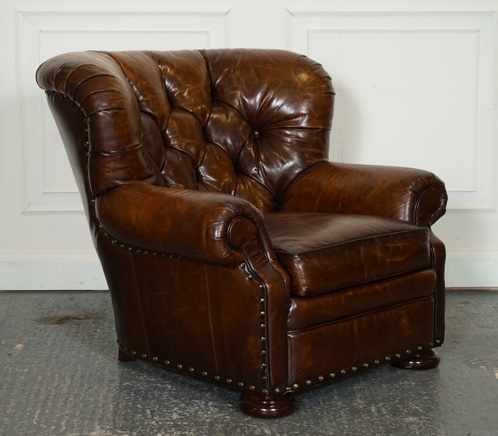 FULLY RESTORED HAND DYED LEATHER WRITERS READING ARMCHAIR WITH FOOTSTOOL